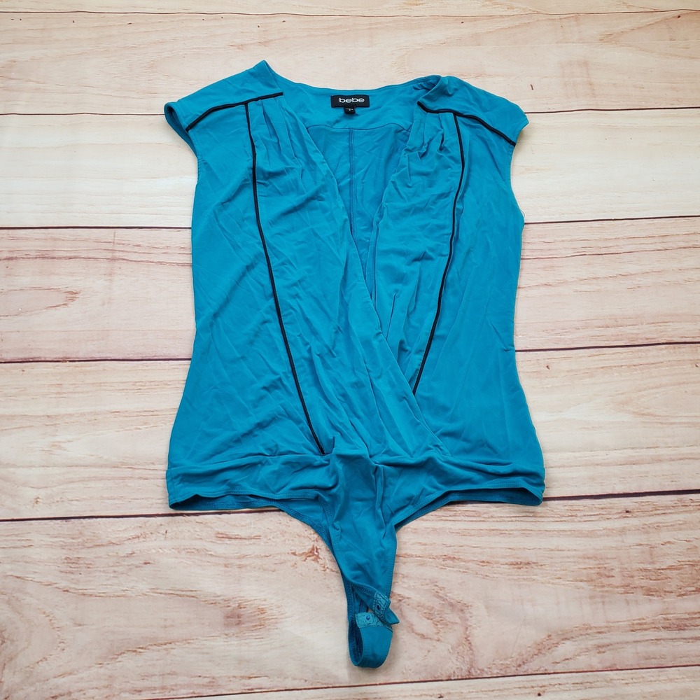 VINTAGE Bebe Bodysuit Womens Small Blue Caribbean Sea Contrast Piping Ladies‎